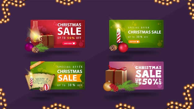 Venta de Navidad conjunto de banners de descuento con elementos navideños.