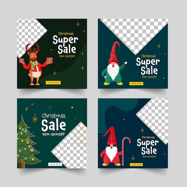 Vector venta de navidad diseño de plantilla o publicación de redes sociales con oferta de 40-50% de descuento en cuatro opciones.