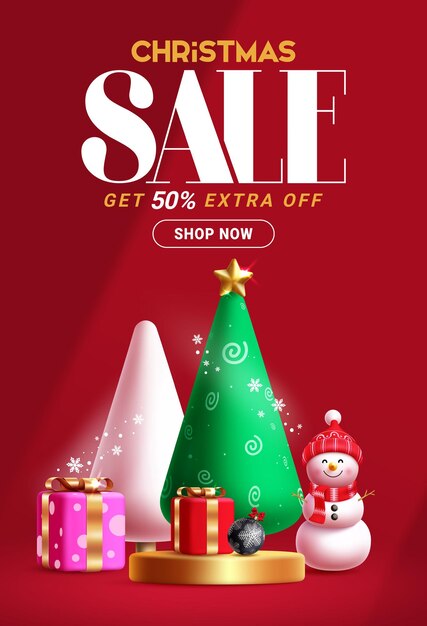 Venta de Navidad diseño de póster vectorial de podio Venta promocional descuento de 50 con texto con elementos de Navidad