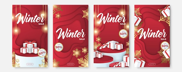 Venta de Navidad. Etiquetas promocionales de invierno, tarjetas publicitarias, ofertas especiales, rebajas de temporada. Cartel de descuento de promoción navideña. Rebajas de invierno, contenido promocional en redes sociales. Ilustración vectorial
