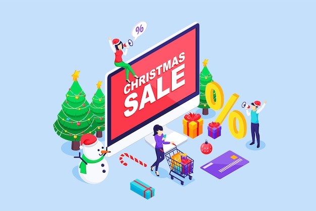 Venta de Navidad isométrica con mujeres jóvenes que compran en línea a través de una ilustración de computadora