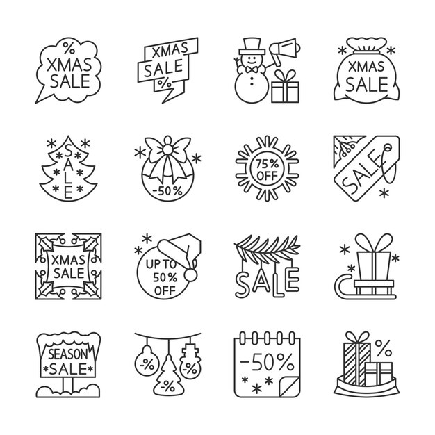 Venta de Navidad, liquidación, conjunto de iconos de líneas de descuento, invierno, navidad, año nuevo signo de oferta especial.