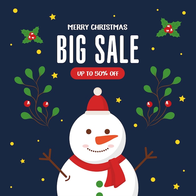 Venta de Navidad con muñeco de nieve con diseño de hojas, tema de oferta navideña.