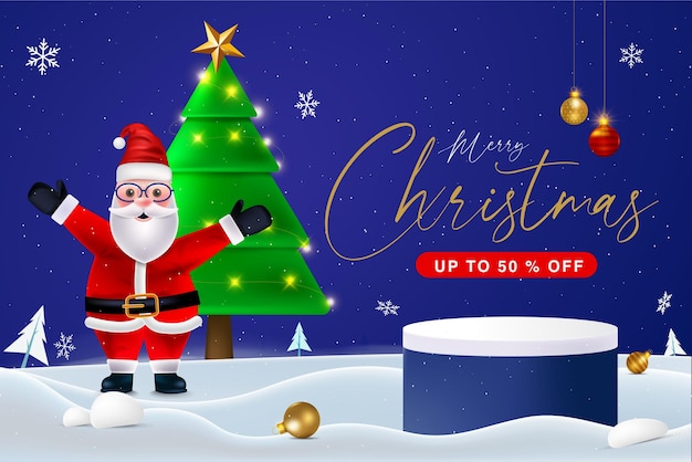 Venta de navidad y plantilla de banner de oferta. papá noel, copos de nieve del árbol de navidad y podio del producto