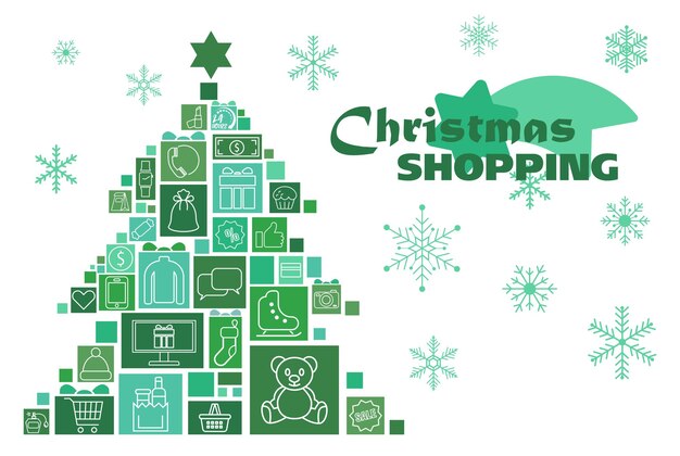 Venta de Navidad set cuadrados y pegatinas en forma de árbol de Navidad ilustración vectorial