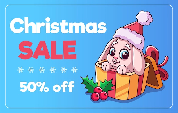 Venta de navidad web banner conejito en caja de regalo y bayas de acebo ilustración vectorial