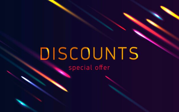 Venta de oferta especial con luces brillantes sobre fondo oscuro con tipografía 3d