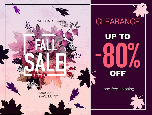 Venta de otoño de banner con hojas y bayas