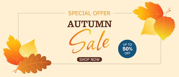Venta de otoño. Banner publicitario horizontal con coloridas hojas de otoño y texto publicitario de descuento.