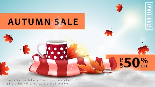 Venta de otoño, banner web de descuento ligero para su sitio web con taza de té caliente y bufanda caliente