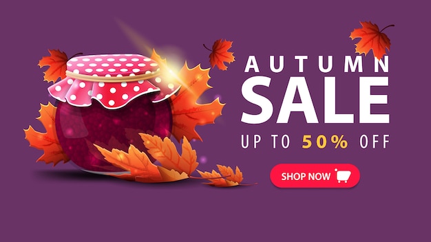 Venta de otoño, banner web de descuento púrpura en estilo minimalista con tarro de mermelada