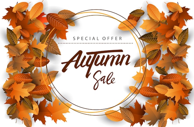 Venta de otoño Fondo dibujado a mano Caligrafía de otoño con hojas que caen