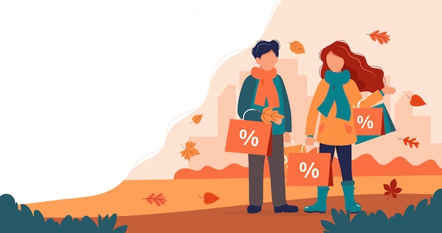 Venta de otoño, hombre y mujer con bolsas de compras en otoño.