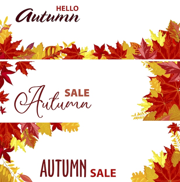 Venta de otoño y promociones, pancartas y carteles con copyspace para sitio web. Hola temporada de otoño, follaje y hojas decorativas, follaje de arce seco e inscripción de caligrafía. Vector en estilo plano
