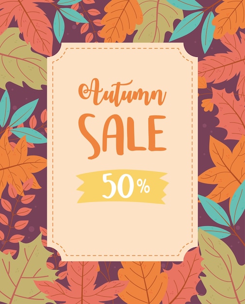 Venta de otoño, texto de descuento y coloridas hojas de arce.