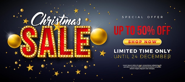 Venta de pancartas navideñas con bola ornamental y bombilla de anuncios de diseño comercial vectorial navideño