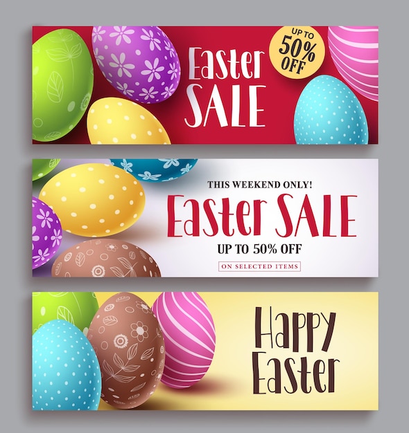 Venta de pascua y diseño de banner de vector de pascua feliz con elementos de huevos coloridos