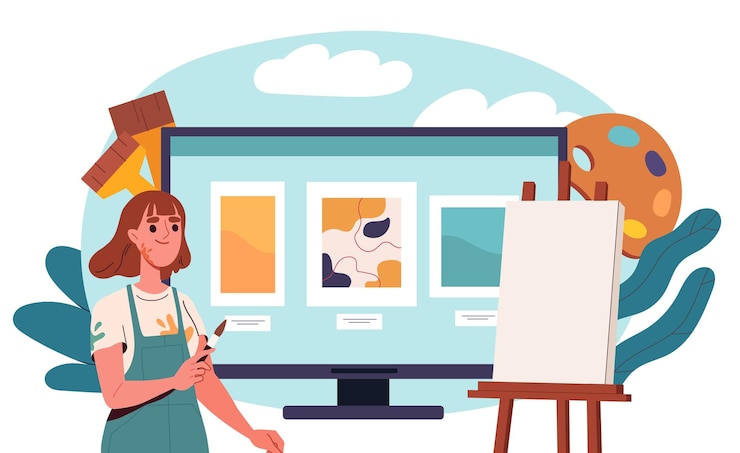 Vector venta de pinturas en internet mujer con pincel cerca de imágenes servicio en línea para la venta y compra