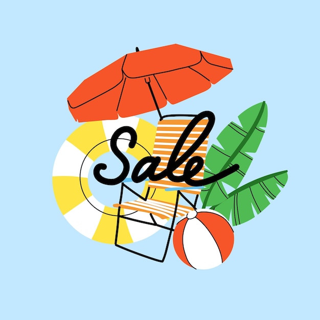 Venta de playa de verano Paraguas anillo y bola inflables gafas de sol y hojas tropicales Viaje de vacaciones de verano Tarjeta de descuento o cartel de tienda de vacaciones en el mar Ilustración aislada plana de dibujos animados vectorial