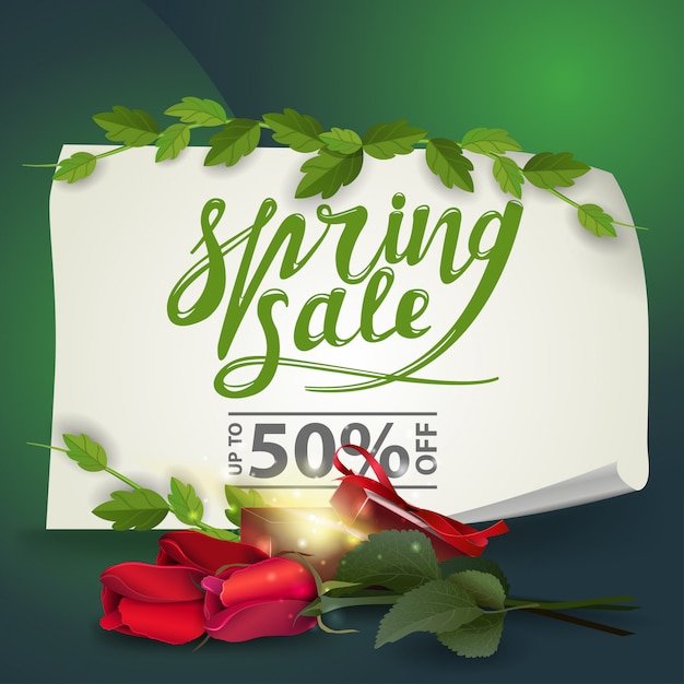 Venta de primavera banner de descuento con rosas con regalo.