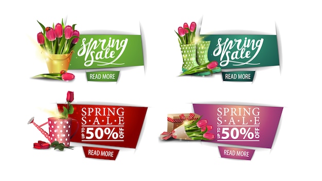 Venta de primavera, una colección de banners de descuento de primavera con ramos de flores y botones en estilo de corte de papel.
