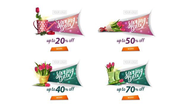 Venta de primavera, una colección de pancartas de descuento de primavera con ramos de flores en estilo de corte de papel