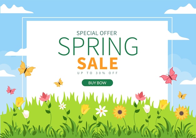 Venta de primavera Flor Flores Fondo Plantilla natural Ilustración vectorial con planta de temporada Adecuado para tarjeta de felicitación, invitación o póster