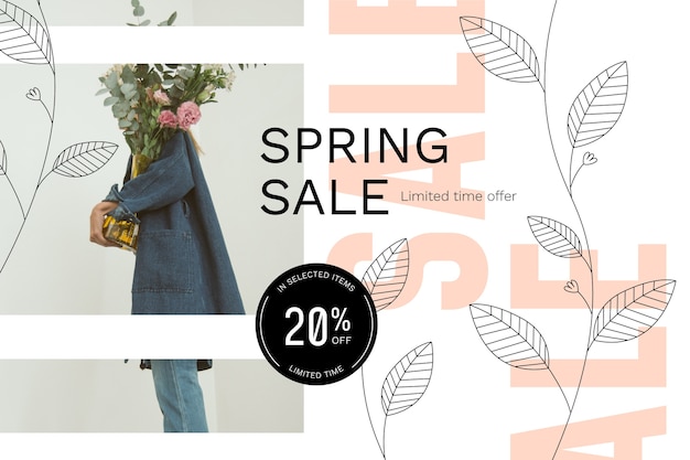 Vector venta de primavera con hombre con ramo de flores