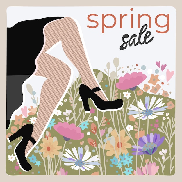 Vector venta de primavera ilustración retro con letras piernas de mujer y flores concepto de compras