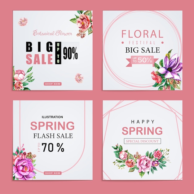 Vector venta de primavera publicaciones en redes sociales conjunto de plantillas de colección rosa