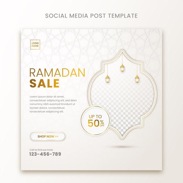 Venta de ramadán publicación en redes sociales adorno islámico y linterna Vector Premium
