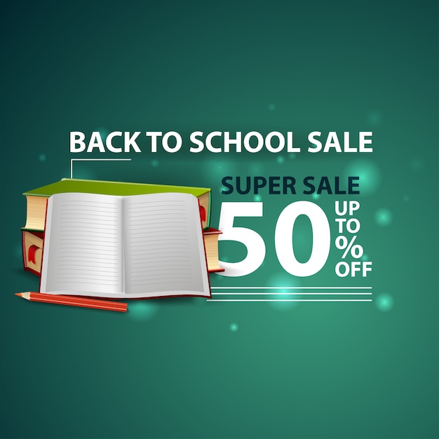 Venta de regreso a la escuela, moderna y creativa web banner 3d con libros de texto escolares y cuaderno.