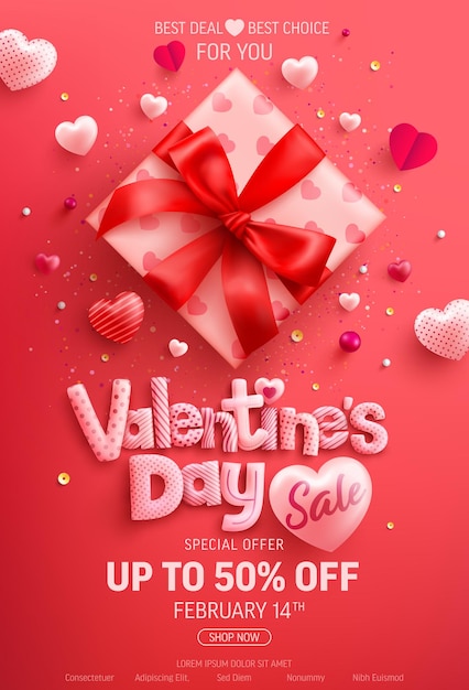 Venta de san valentín 50% de descuento en banner con linda caja de regalo y dulces corazones en rojo