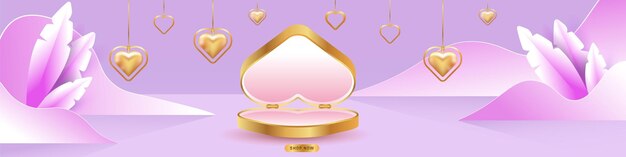 Venta de San Valentín. Podios, pedestales o plataformas vacíos. Caja de regalo en forma de corazón. Collares de oro en forma de corazón.