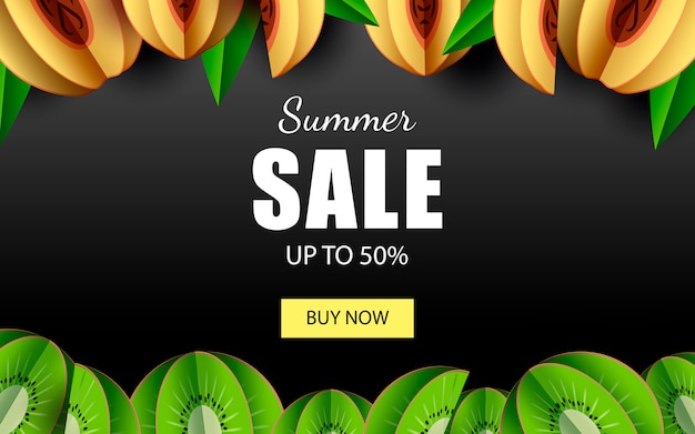 Venta de verano hasta un 50% de plantilla de banner con la tienda ahora botón y frutas tropicales.