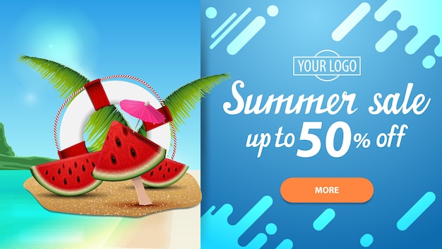 Vector venta de verano, banner de descuento horizontal con hermosos paisajes y diseño moderno.