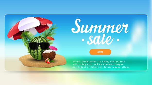 Venta de verano, banner de descuento para su sitio web con un hermoso paisaje marino.