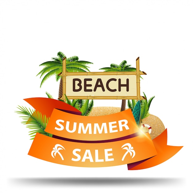 Venta de verano, banner web de descuento en forma de cintas para su negocio.