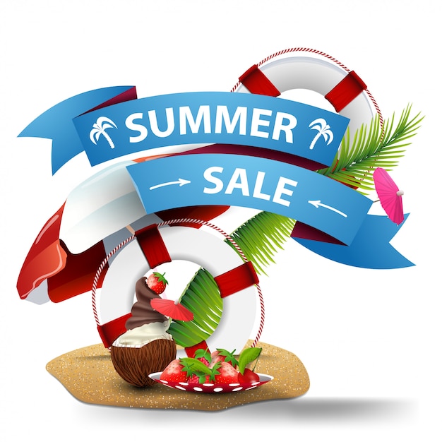 Venta de verano, banner web de descuento en forma de cintas.