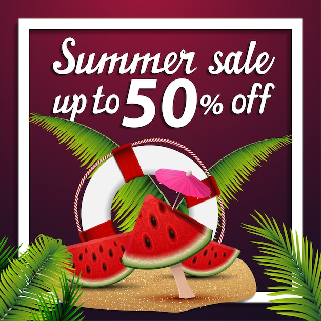 Venta de verano, banner web de descuento con rebanadas de sandía.