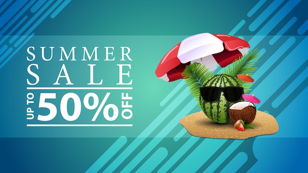 Venta de verano, banner web de descuento para su sitio en un estilo moderno.