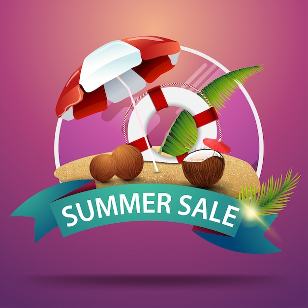 Venta de verano, banner web con descuento en todo el mundo con cinta para su sitio web o negocio
