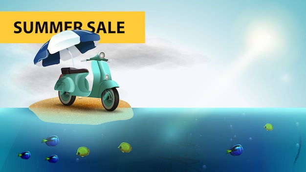 Venta de verano, banner de web de mar horizontal con scooter con una sombrilla de playa