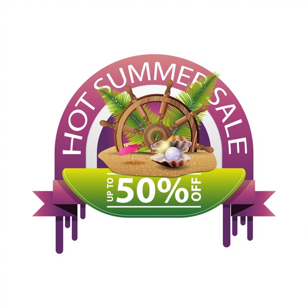 Venta de verano caliente, banner web de descuento redondo para su negocio.