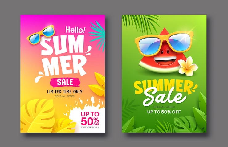 Vector venta de verano cartel colorido volante dos colecciones de diseño fondo