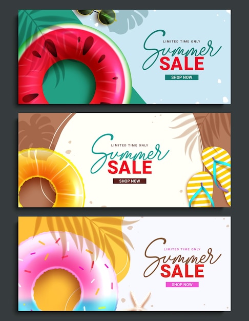 Venta de verano diseño de conjunto de pancartas vectoriales de texto Oferta de descuento de tiempo limitado de verano con playa tropical