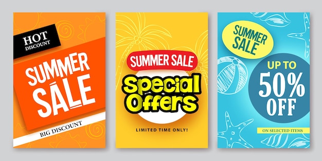 Venta de verano diseños de banners web vectoriales y ofertas especiales para vacaciones de verano.