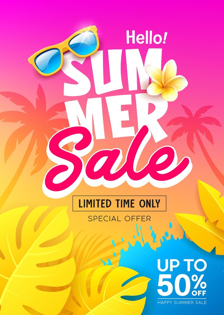 Vector venta de verano de hojas amarillas tropicales cartel colorido volante cocoteros diseño de fondo