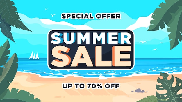 Venta de verano de pancartas de playa con hojas tropicales Hasta 70 descuentos