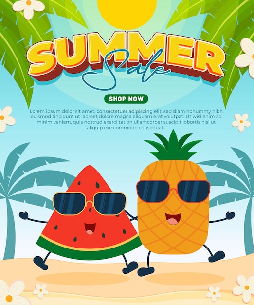 Venta de verano con personajes de dibujos animados de sandía y piña